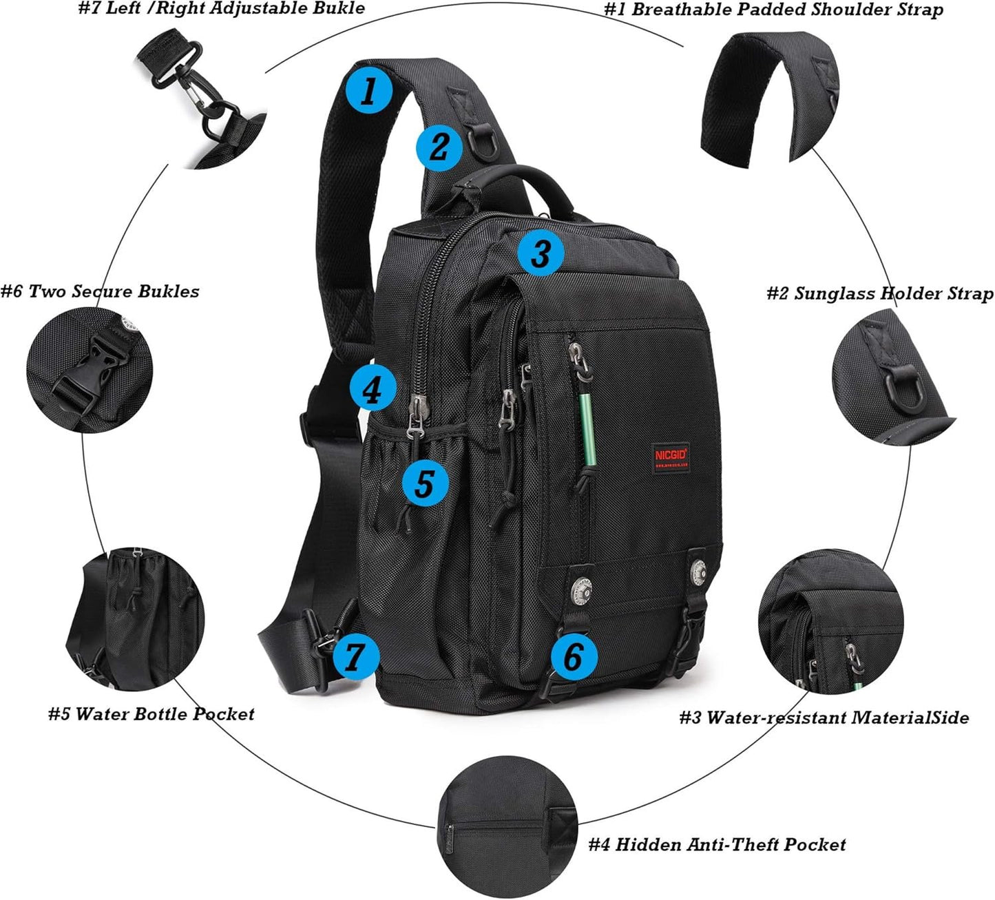 NICGID Sling Bags Chest Shoulder Backpacks, 13.3'' Laptop Backpack Crossbody Messenger Bag Travel Outdoor Men Women
