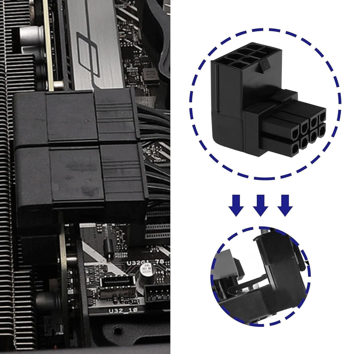 2PCS 8PIN 90 Degree Angled Power Connector Adapter,GPU VGA PCIe Connector for Desktop Computers Graphics Card Right Angle Elbow Adapter Black (Angled Upwards)