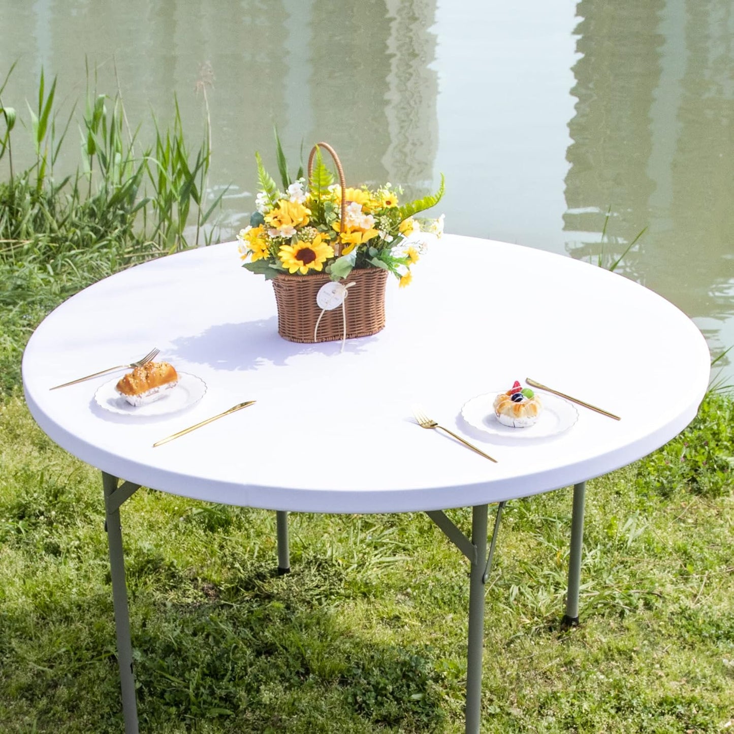 Nacuci Round Fitted Table Cover Elastic Tablecloth 5ft Stretch Spandex Table Top Cover for Dining Indoor Outdoor Party Black 60 Inch
