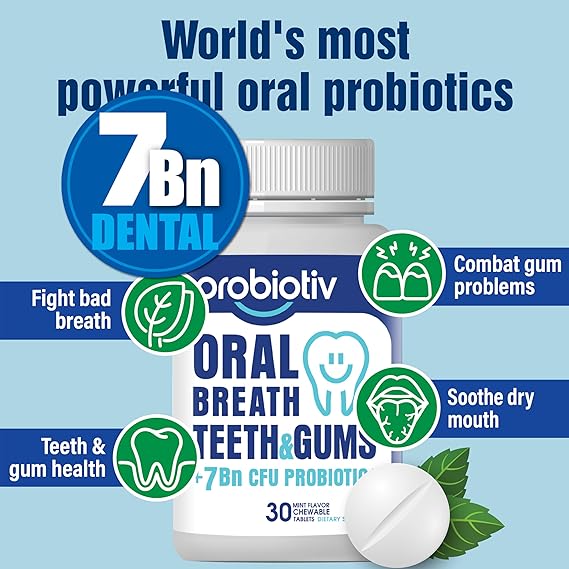 Oral Probiotics for Mouth Bad Breath 7 Billion CFU - Chewable Dental Probiotics for Teeth & Gums, Fresh Breath Freshener & Dry Mouth Relief, Supports Oral Microbiome