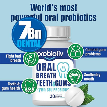 Oral Probiotics for Mouth Bad Breath 7 Billion CFU - Chewable Dental Probiotics for Teeth & Gums, Fresh Breath Freshener & Dry Mouth Relief, Supports Oral Microbiome