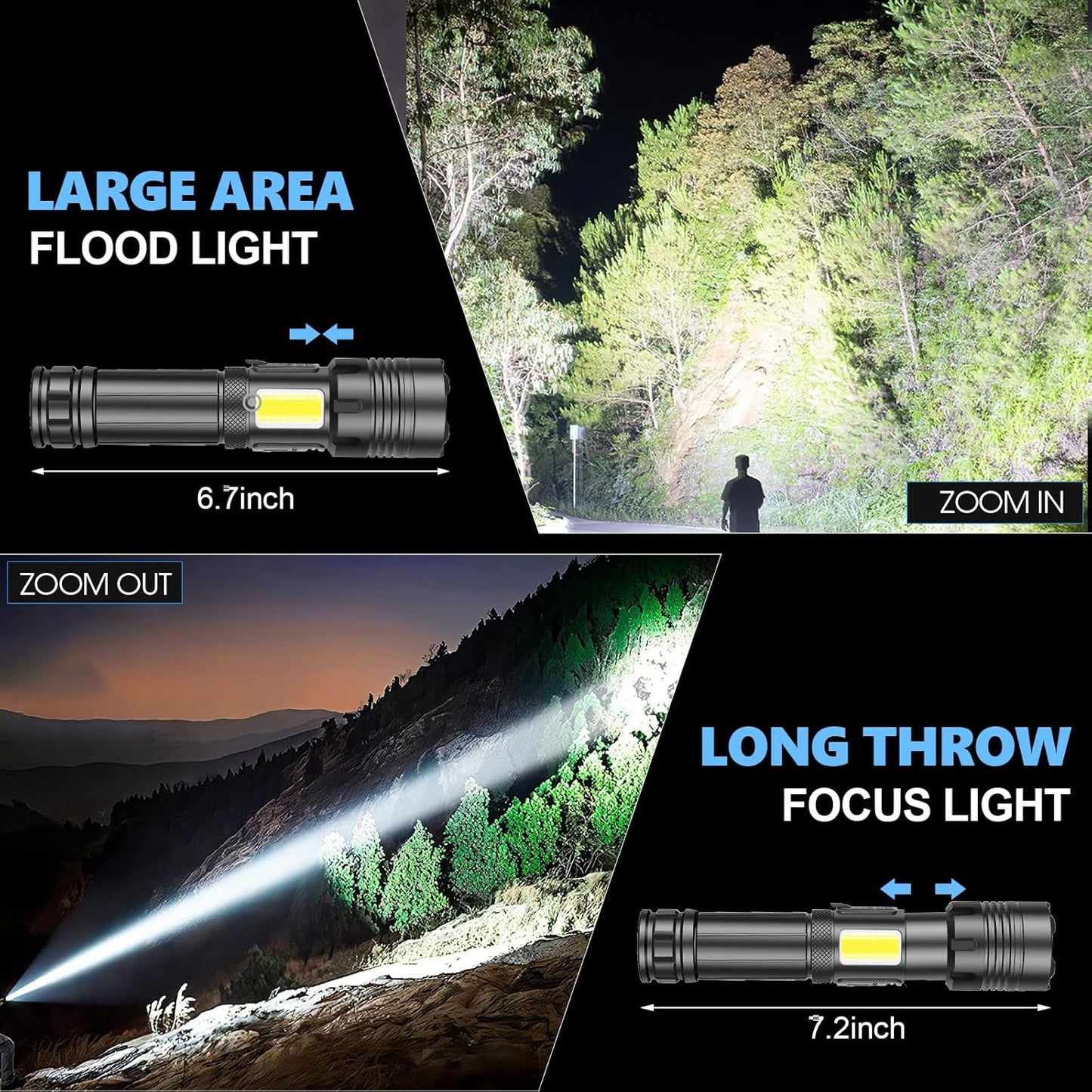 LED Torch Rechargeable Flashlight with Cob Side Light, High Lumens Super Bright Torch, High Powered Torches, Powerful Handheld Tactical Flashlight for Emergency Camping Hiking, 2 Pack