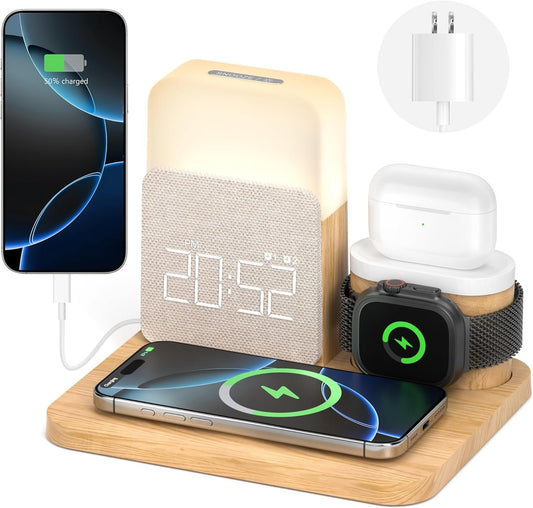 7 in 1 Wireless Charging Station, Alarm Clock with Wireless Charger for Bedrooms, Mag-Safe Charger with Night Light Bedside Clock for iPhone 16 15 14 13 12 Pro Max, Apple Watch, AirPods