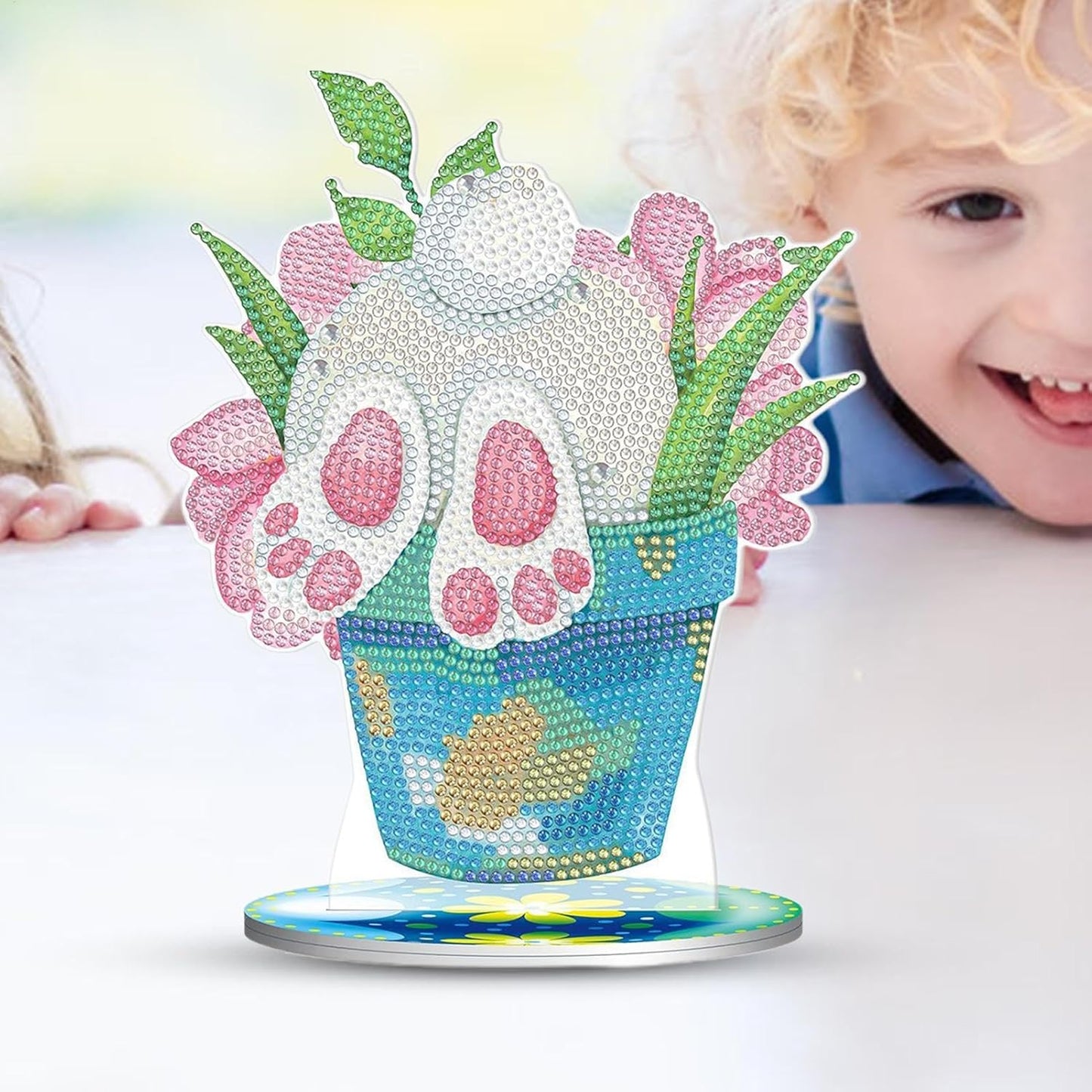 Tabletop Rhinestone Art Easter Decor, Desktop Bunny Eggs Rhinestone Painting, Easter Spring Holiday Scene Props, Seasonal Decoration Gem Art for Dining Room, Sparkling Holiday Centerpiece, Holiday