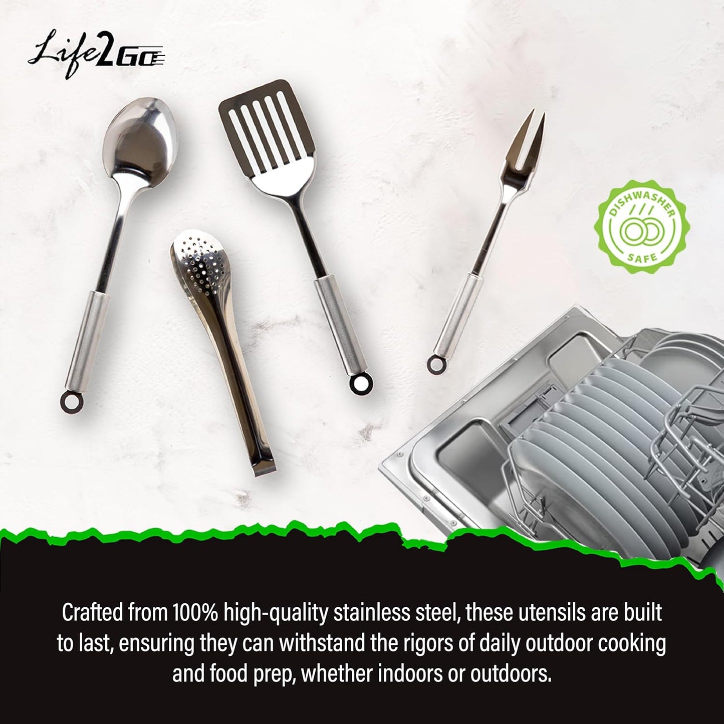 Life 2 Go Camp Cooking Utensil Set & Outdoor Kitchen Gear Cookware Kit, Portable Compact Carry Case for Camping, Hiking, Travel, BBQ Grilling Stainless Steel Accessories Spoon & Fork