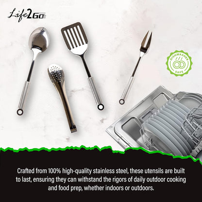 Life 2 Go Camp Cooking Utensil Set & Outdoor Kitchen Gear Cookware Kit, Portable Compact Carry Case for Camping, Hiking, Travel, BBQ Grilling Stainless Steel Accessories Spoon & Fork