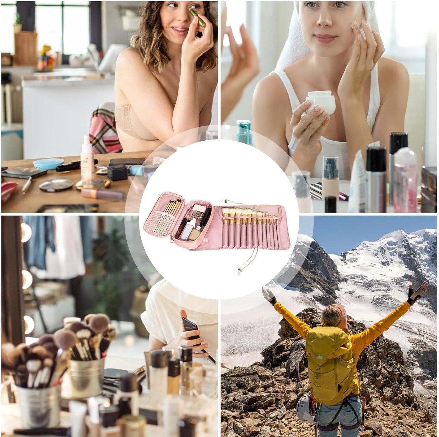 Travel Makeup Brush Organizer - Roll Up Brush Case, Portable Makeup Brush Holder | Makeup Brush Case, Compact Brush Holder, Essential Pe Accessory, pink, Please refer to description