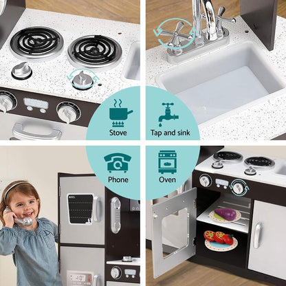 Keezi Kids Kitchen Set Pretend Play Food Playset Wooden Toys Mud Kitchens Children Cooking Cookware Sets Toy Home Cubby House Furniture for Boys Girls, Easy Cleaning White