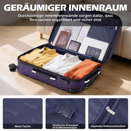 COOLIFE Suitcase Trolley Hard Ultralight and Spacious, Side Combination Lock with TSA, 4 Wheels for Easy Transport, grey, Side combination lock with TSA, 4 wheels for easy transport
