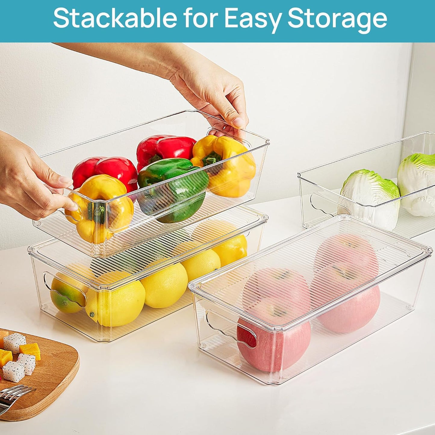Vtopmart 8pcs Clear Organizers and Storage Bins with Lids, Stackable Plastic Storage Containers with Handles for Fridge, Freezer, Pantry, Cabinet, Kitchen Organization and Storage