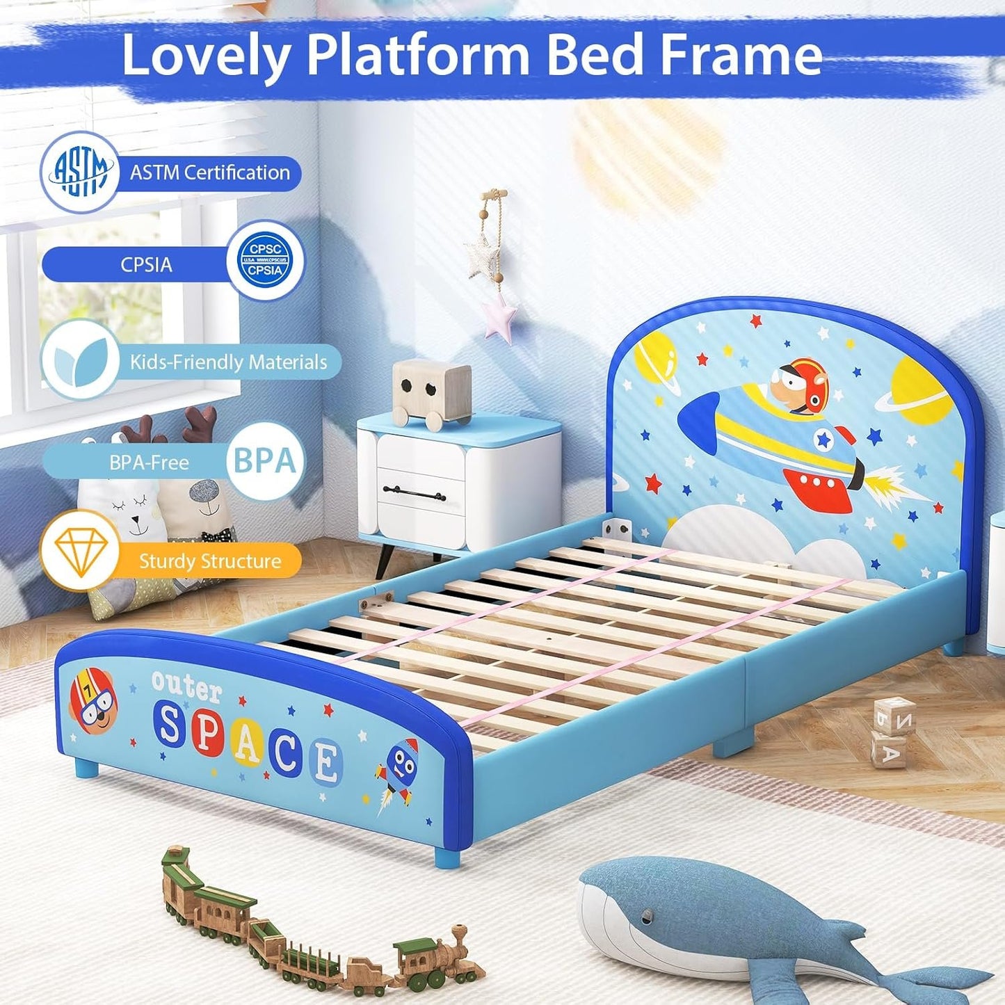 Costzon Twin Bed Frames for Kids, Wood Upholstered Twin Bed Platform with Slat Support, Padded Headboard&Footboard, No Box Spring Needed, Easy Assembly, Fits Standard Twin Mattress (Outer Space)