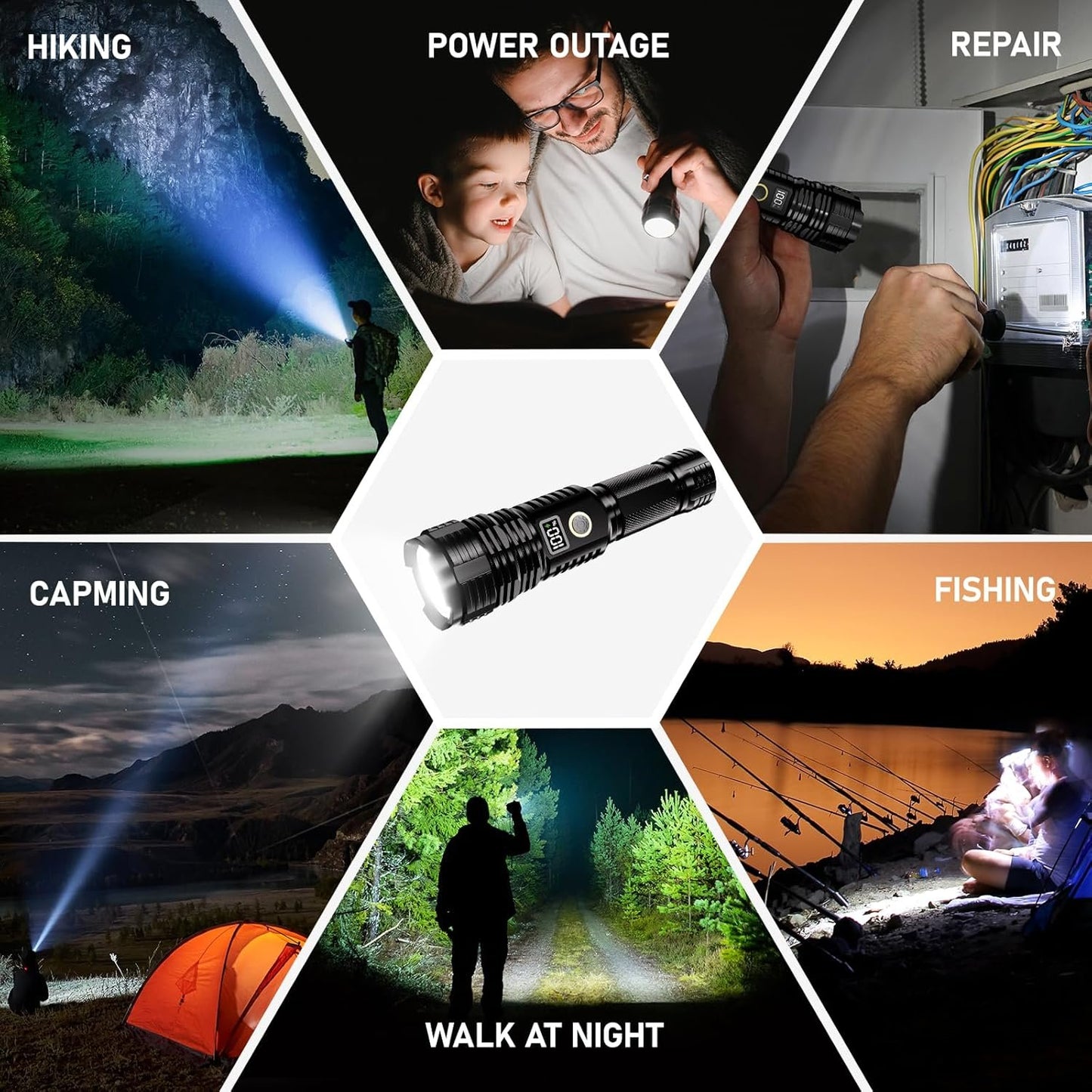 Flashlight rechargeable, 990000 High Lumens LED Flash Light, Super Bright Zoomable Lampe with LCD Digital Display, 5Modes Brightest Flashlights, Powerful Tactical Flashlight for Emergency Camping Gift