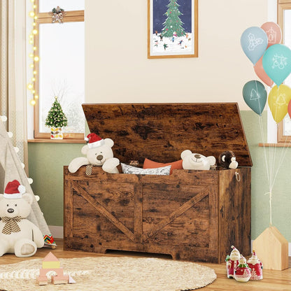HOOBRO Storage Chest, 100 cm Retro Toy Box Organizer with U-Shaped Cut-Out Pull, Storage Bench, Safety Hinge, Sturdy Toy Chest, Wooden, Supports 100 kg, Easy Assembly, Rustic Brown BF771CW01