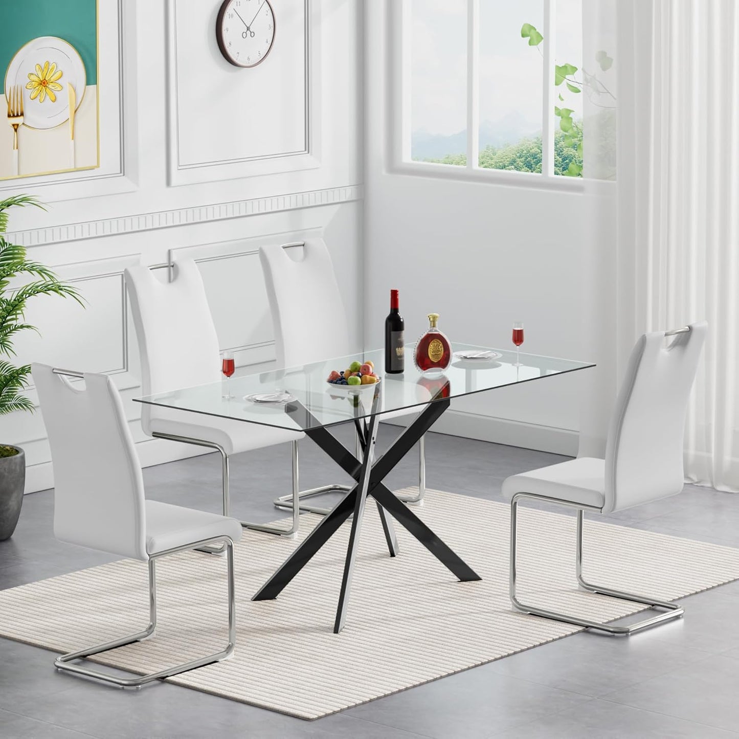 51inch Modern Dining Table for 4, Glass Kitchen Dining Room Table for 4, 0.32" Rectangular Tempered Glass Tabletop and Black Metal Legs,Rectangle Clear Glass Table for Kitchen, Dining Room