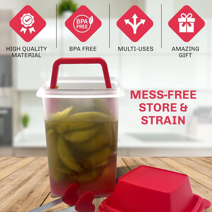 Mwnxia Chilero Pickle Jar Storage Container with Strainer Fresh Food Saver Jar BPA Free Complete with Tong (Red) for Storing Kimchi Cornichon Olives Jalapeno Pickles