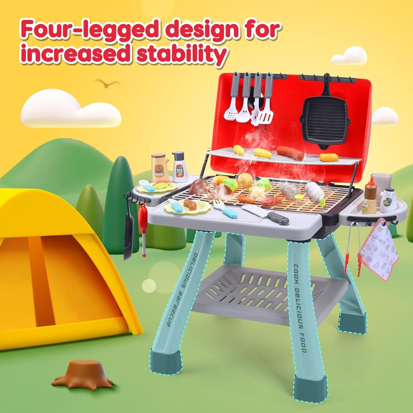 cute stone Kids BBQ Grill Playset, Toy Kitchen Set with Smoking Toy Barbecue Grill, Toy Kitchen Accessories, Indoor/Outdoor Interactive Pretend Play Toys for Boys Girls, 23.6" H