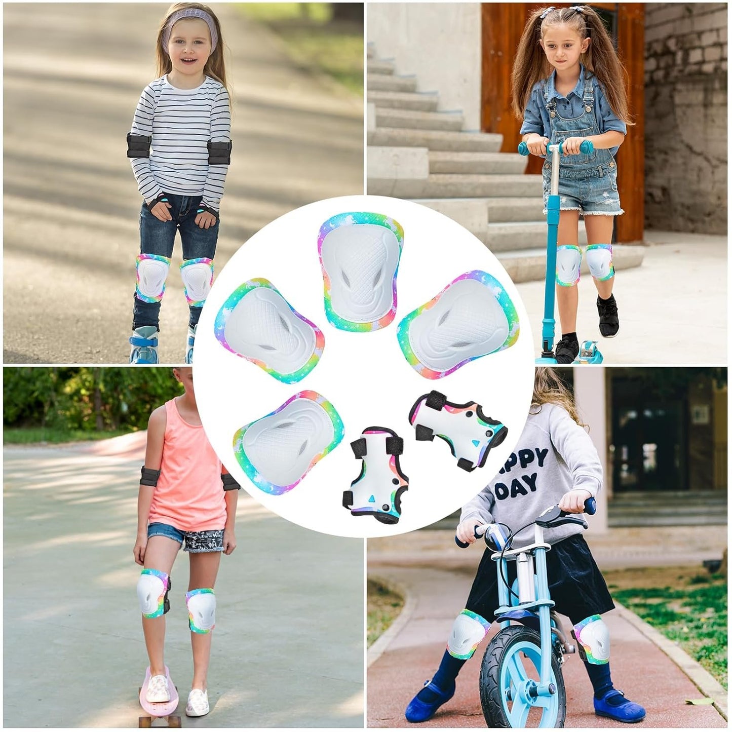 AuSletie 7 in 1 Kids Protective Gear Set for 3-8 Years, Kids Girls Knee Pads and Elbow Pads with Wrist Guards and Portable Mesh Bag for Skateboard, Roller Skating,Bicycle, Scooter, Cycling
