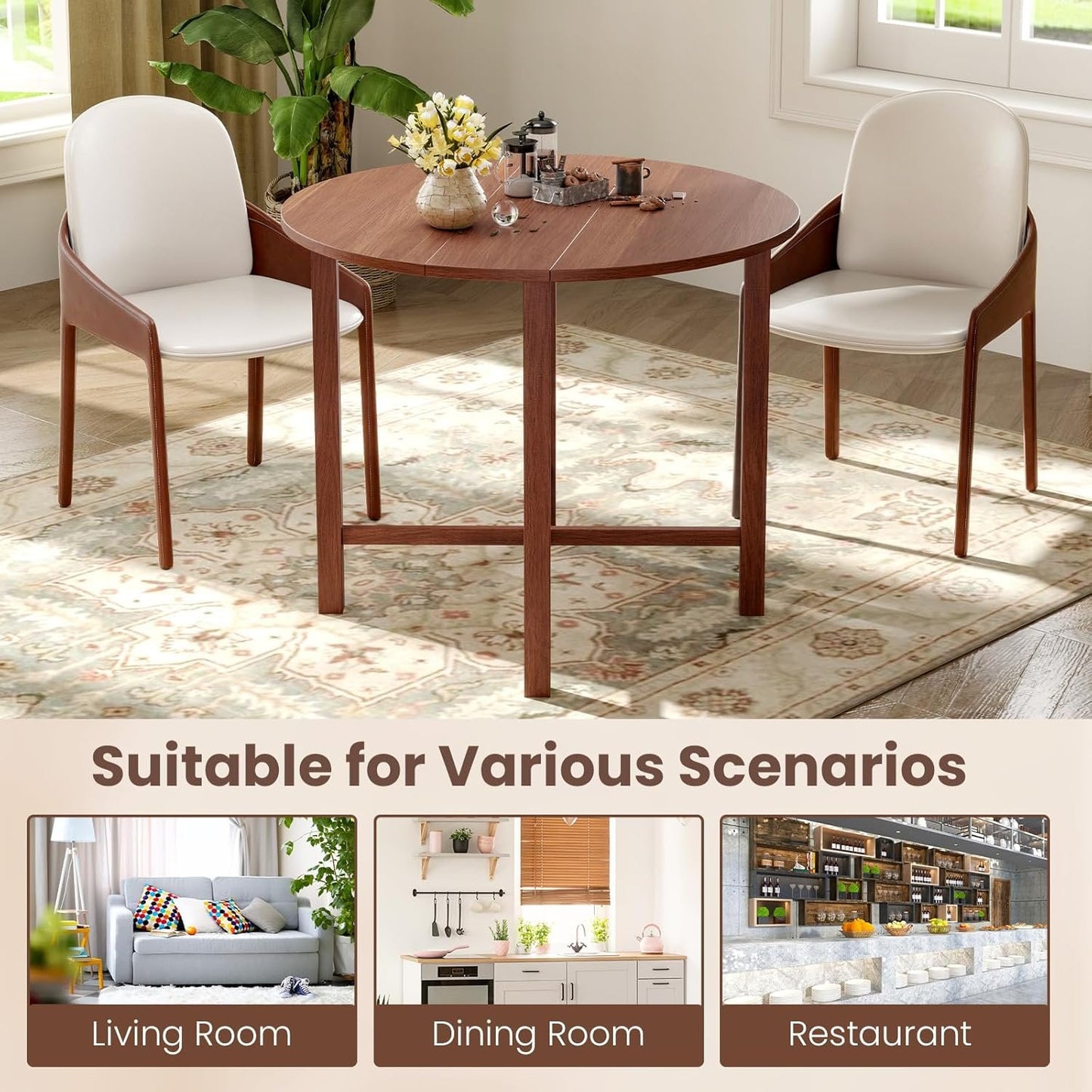 GOFLAME Round Drop Leaf Dining Table, 36” Folding Kitchen Table with Solid Wood Legs, Farmhouse Extendable Table for 2-4 People, Dinner Table for Dining Room, Living Room, Restaurant, Walnut