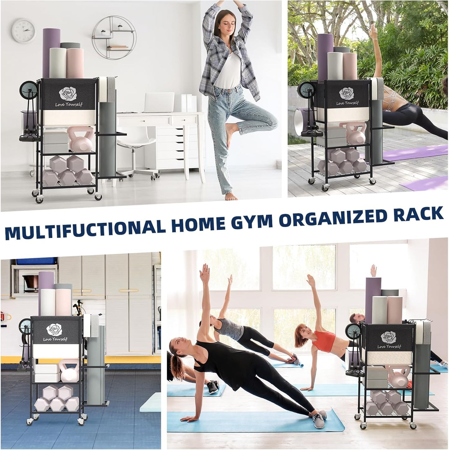 Yoga Mat Storage Rack, Home Gym Equipment Organizer on Wheels - Fitness Weight Rack for Mats, Blocks, Foam Rollers, Resistance Bands, Dumbbells, Kettlebells and More