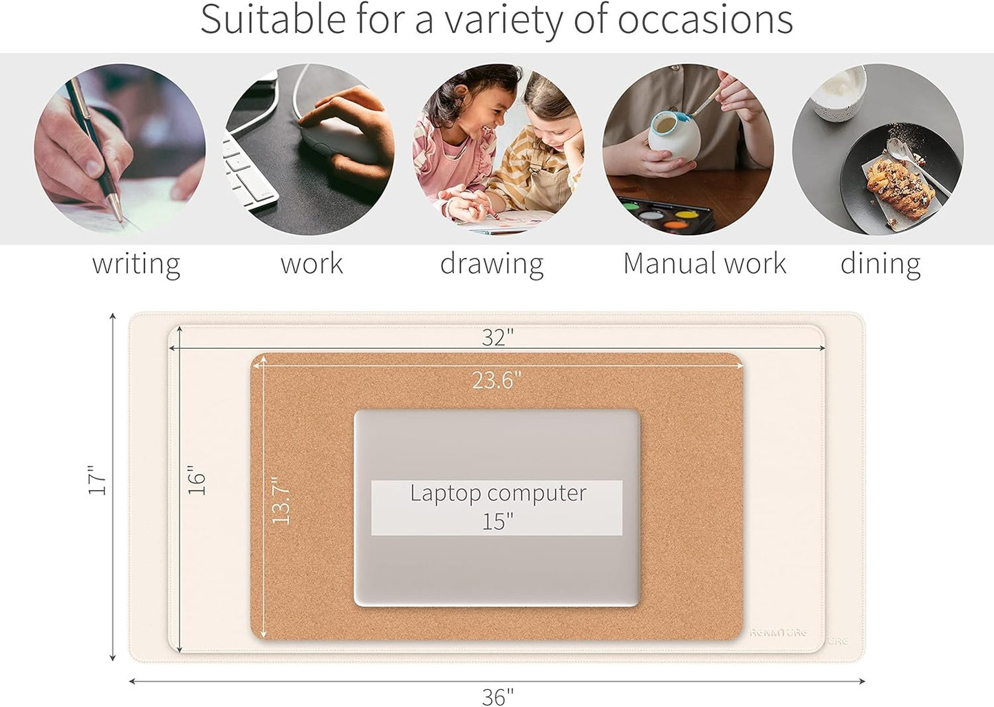 RENMTURE Dual-Sided Desk Pad, Natural Cork & PU Leather Large Mouse mats for Office and Home Work, Desk Protector Non-Slip, Waterproof, Easy Clean (Apricot, 36"x17")