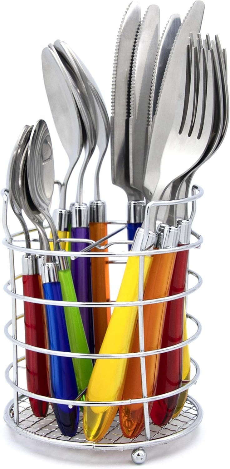 The Original Brink House Rainbow Mix & Match Stainless Steel Cutlery Set with Translucent Handles / 16 pieces with Metal Stand/Lifestyle utensils set for home, first apartment, dorm, outdoor events