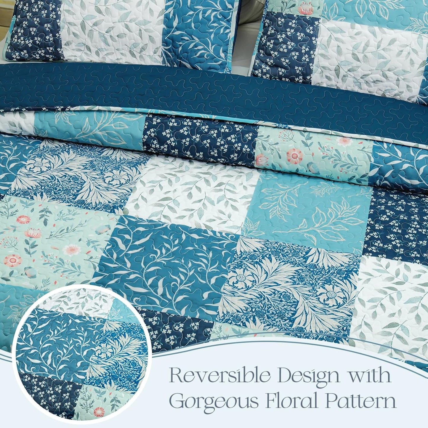 Exclusivo Mezcla Reversible Boho Quilt Set Queen Size, 3 Pieces Patchwork Navy Blue All Season Bedspreads, Ultra Soft Floral Coverlet Bedding Set with Printed Pattern (1 Quilt, 2 Pillow Shams)