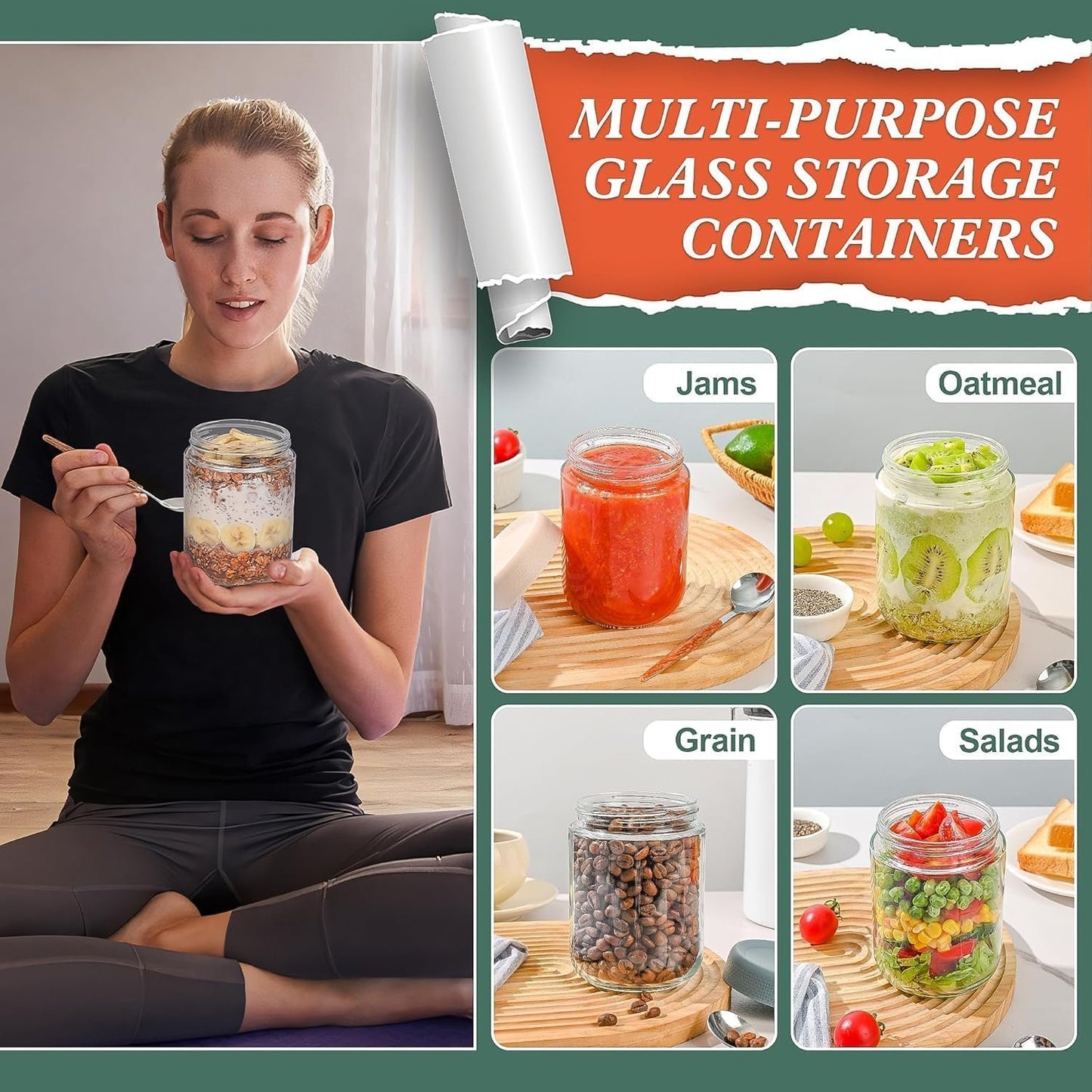 6 Pack Overnight Oats Containers with Lids, Glass Jars with Airtight Lids,Wide Mouth Mason Jars 500ml, Food Glass Storage Containers for Leftover, Snacks Yogurt Spice Suga (6)
