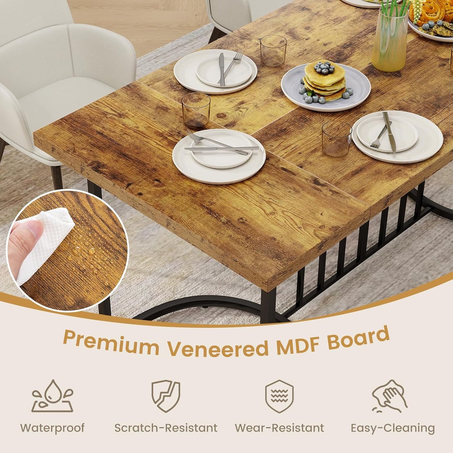 Giantex 180 cm Large Dining Table for 6-8 People, Farmhouse Rectangular Wood Kitchen Table w/Wooden Tabletop, Metal Frame, Industrial Rustic Brown Long Table for Home Office Dining Room, Load 135 KG