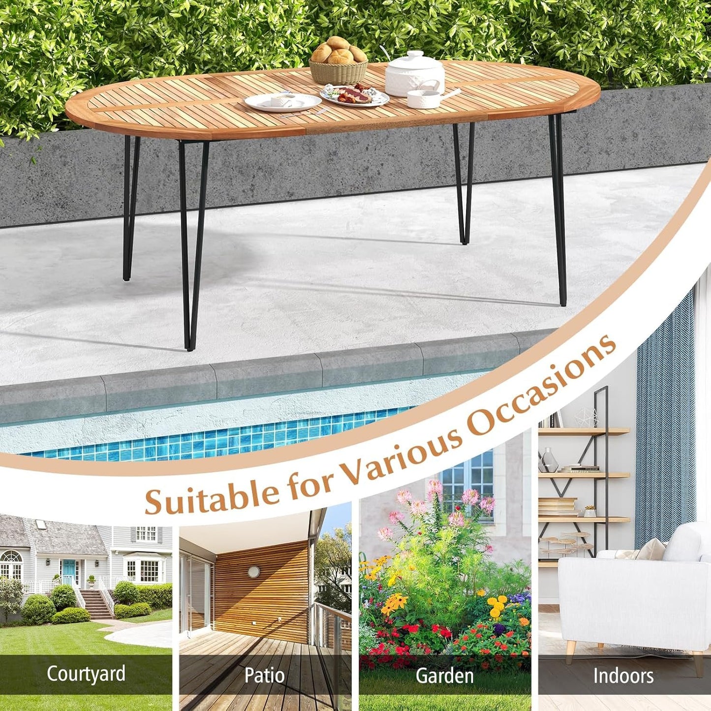 Tangkula 79-Inch Patio Dining Table, Indoor & Outdoor Dining Table w/Umbrella Hole, Acacia Wood Tabletop & Sturdy Metal Legs, Wood Oval Table for 8 People for Patio Yard Garden Deck