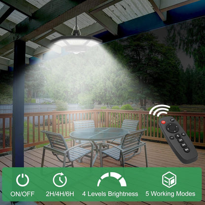 Solar Shed Lights Indoor, ICOFRU Solar Powered Motion Sensor Light 5 Lighting Modes, Solar Pendant Light Outdoor with Remote Control Waterproof for Shed Gazebo Chicken Coop Barn Home Exterior Interior