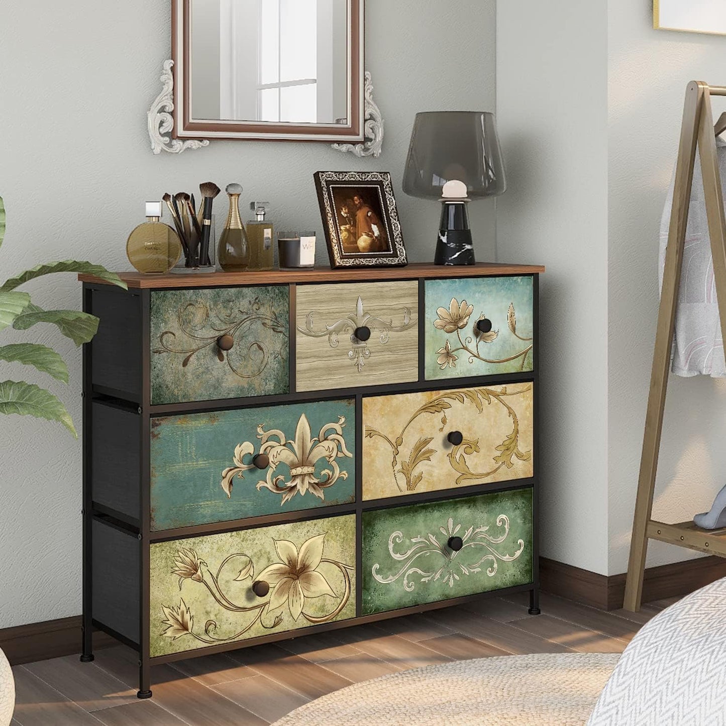VEDECASA Bohemia 7 Drawer Dresser with Wooden Panel, Fabric Drawers, Metal Frame, Tower Dresser Organizer for Living Room, Bedroom, Hallway, VE0048