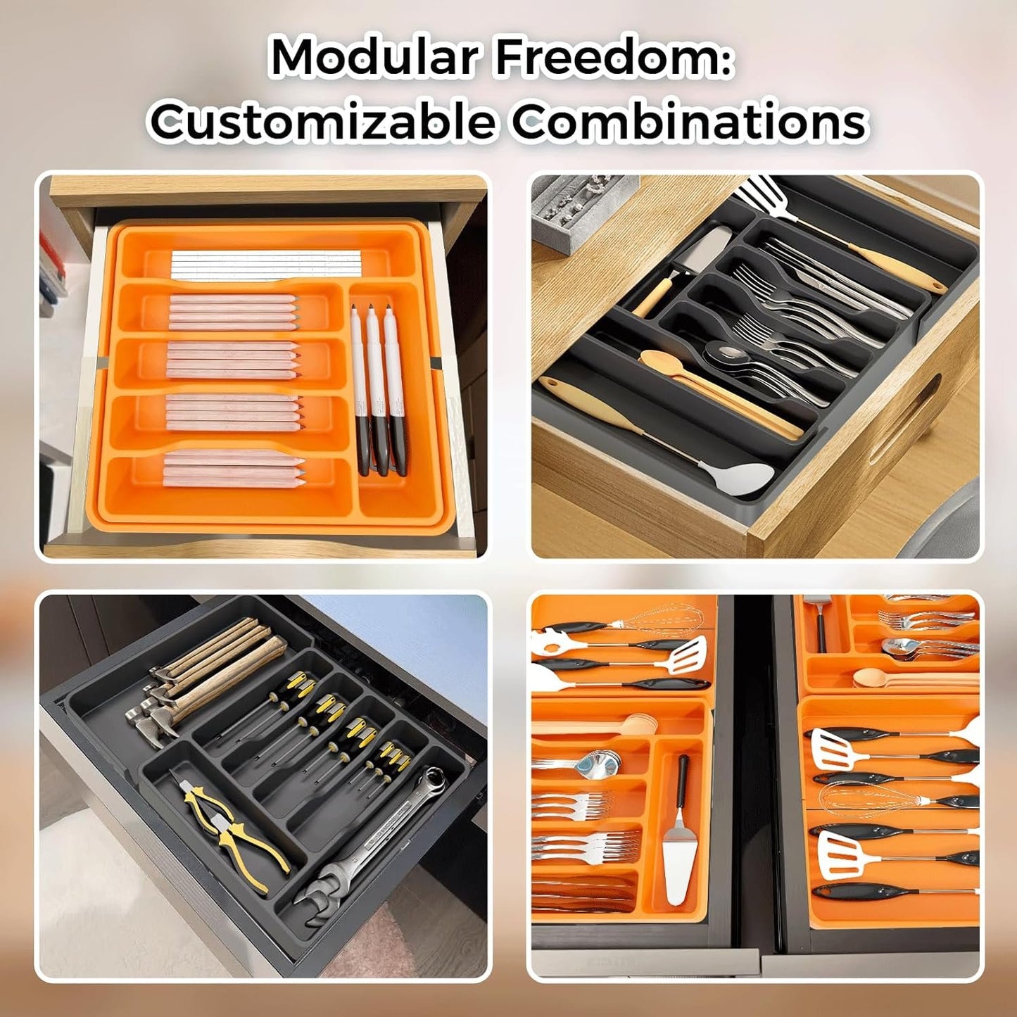 Silicone Cutlery Organizer for Kitchen, Expandable Utensil Drawer Organizer with Grooved for Flatware and Kitchen Utensils, Orange