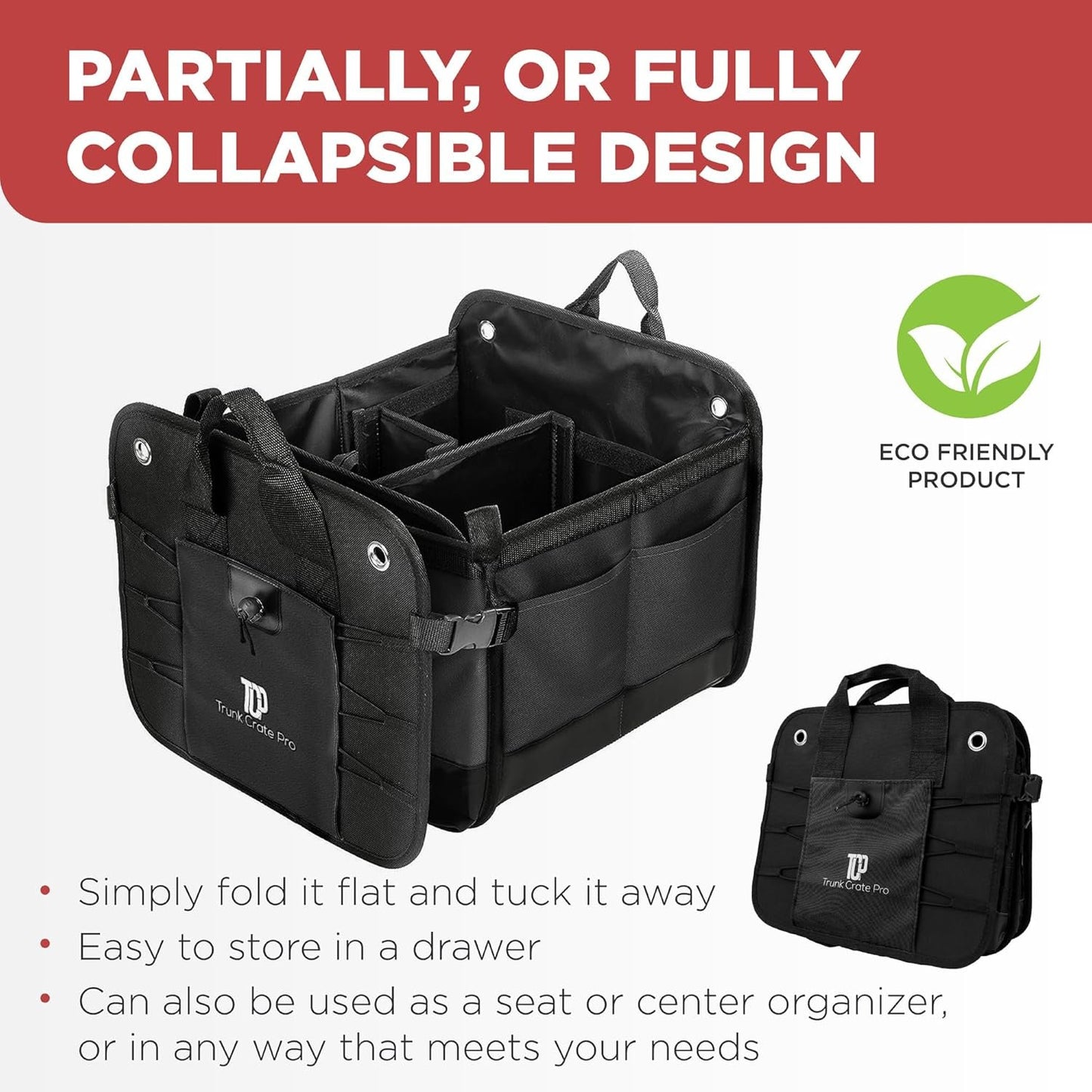 TRUNKCRATEPRO Trunk Organizer For Car, SUV, Car Organizers And Storage. Premium Adjustable Multi Compartments Durable Foldable Gift, Car Accessories W 2 Straps (Regular, Black)