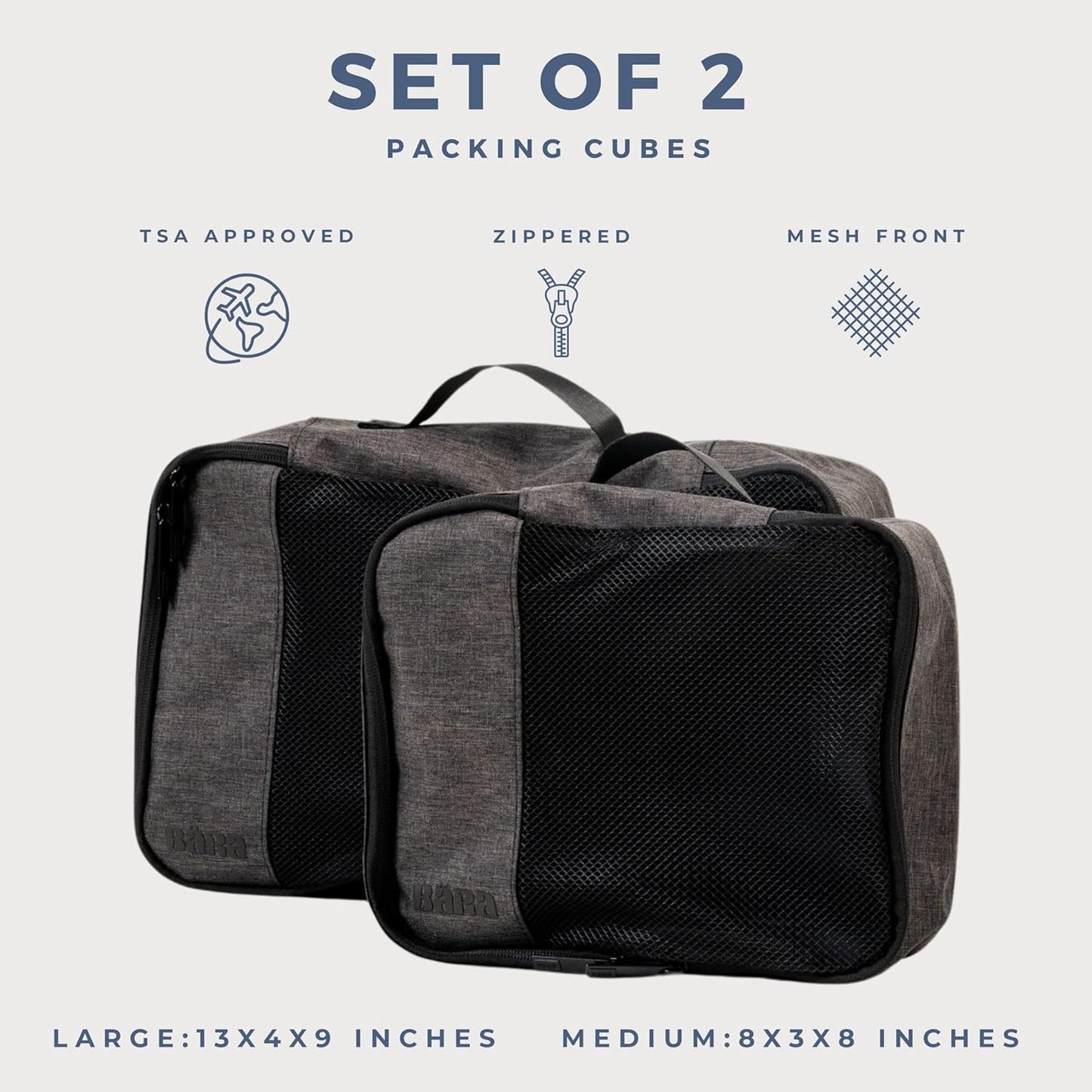 BÄRA Travel Accessories - Set of 2 Space Saving Packing Cubes for Carry On Suitcase Luggage Organization - Medium and Small Packing Organizers with a Mesh Top for Lightweight Travel Organization, Grey