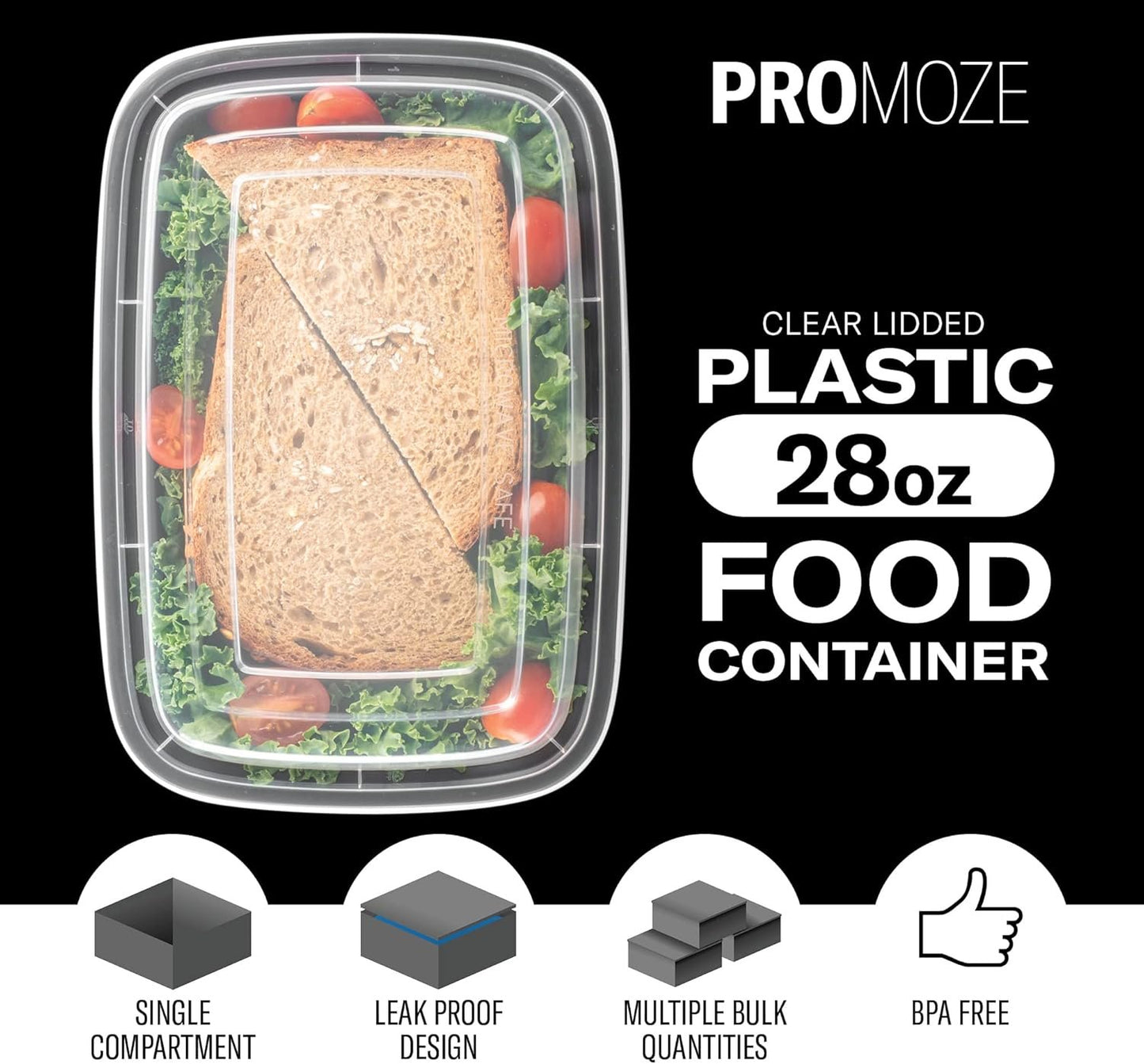 50-Pack Meal Prep Plastic Microwavable Food Containers for Meal Prepping with Lids 28 oz. 1 Compartment Black Rectangular Reusable Storage Lunch Boxes -BPA-Free Food Grade -Freezer & Dishwasher Safe