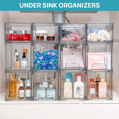 Vtopmart 4 Pack Stackable Makeup Organizer Storage Drawers, 6.6’‘ Tall Acrylic Bathroom Organizers，Clear Plastic Storage Bins For Vanity, Undersink, Kitchen Cabinets, Pantry Organization