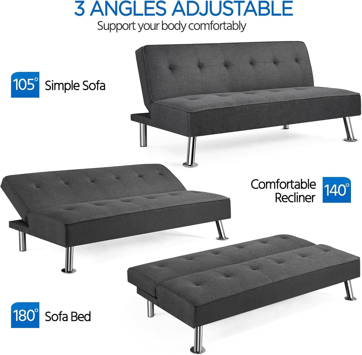 Yaheetech Reclining Sofa Bed with Padded Seat Convertible into Bed 105° – 180° Adjustable Living Room Living Room Guest Room Furniture for Resting Dark Grey/Fabric