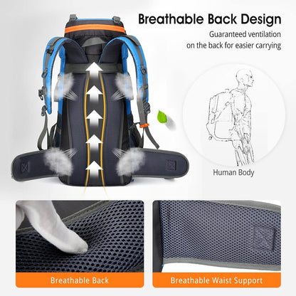 Kingsea 70L Large Camping Hiking Backpack With Waist Belt, Lightweight Nylon Trekking Waterproof Rucksack For Men Women Mountain Climbing, Travel, Outdoor Sports Backpacking Gear