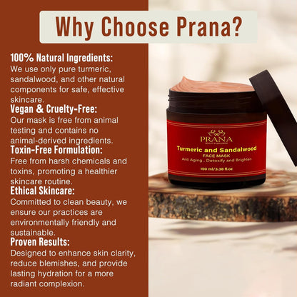 PRANA Sandalwood & Turmeric Face Mask - Natural Cleansing Facial Mask with Ayurvedic Ingredients - Bentonite & Kaolin Clay Mask - Brightening, Hydrating, Anti-Aging - Vegan & Cruelty-Free Mask (100ml)
