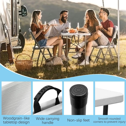 RUN.SE 4FT Camping Table, Plastic Folding Camping Table, 2 Adjustable Height Picnic Table with Carrying Handle for Parties Wedding Camping, White