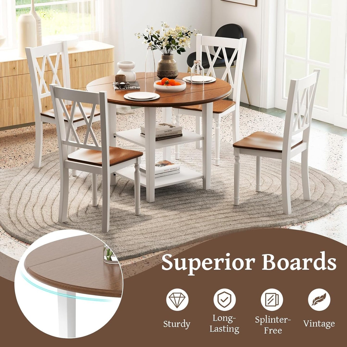 Giantex 42.5 Inches Round Dining Table, Drop Leaf Kitchen Table with Storage Shelves, Expandable Tabletop for Small Space, Dining Room, Living Room, Dinner Table for 4
