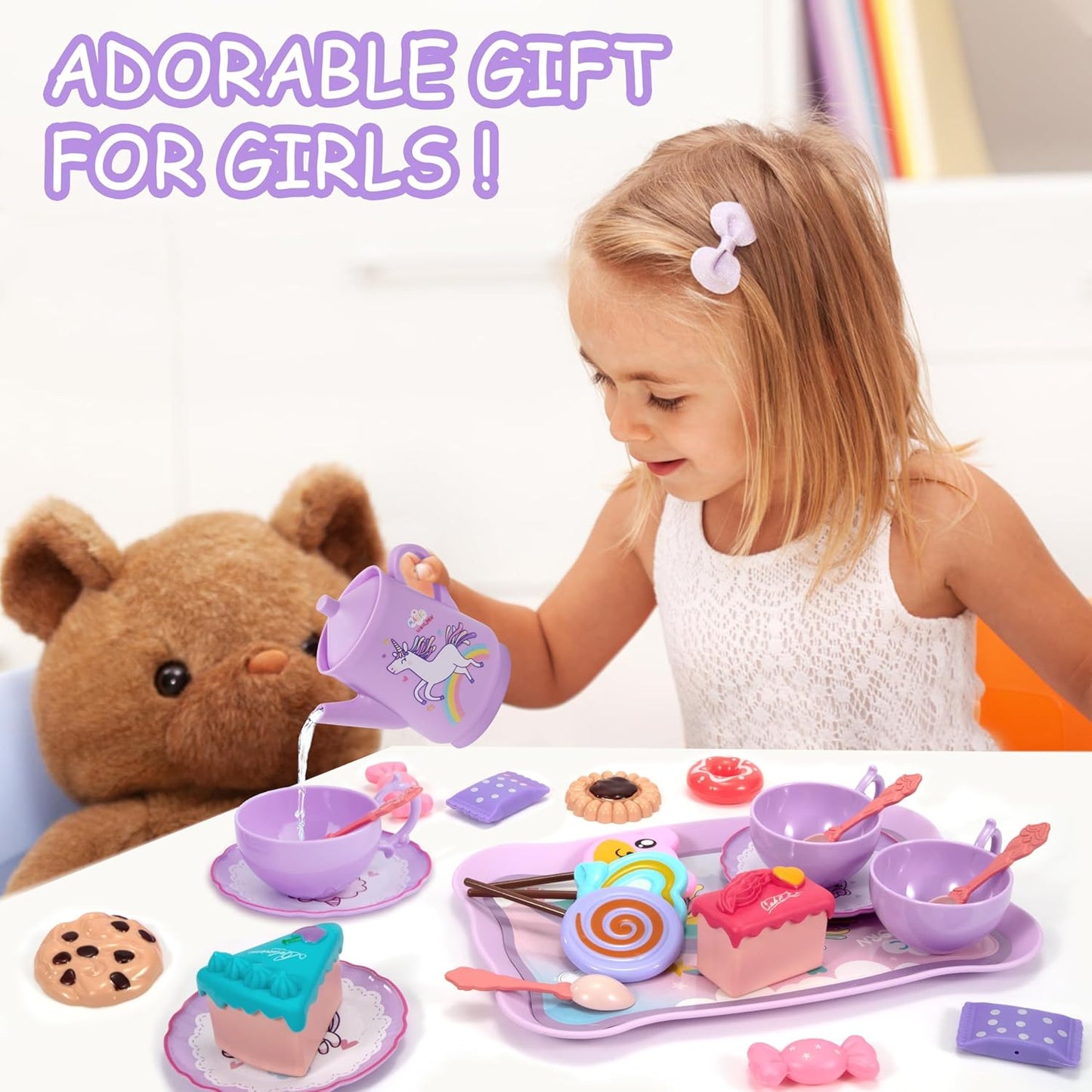 Astraio Unicorn Tea Party Set, 44PCS Pretend Plastic Teapot Set with Dessert, Carrying Case for Little Girls Age 3-12