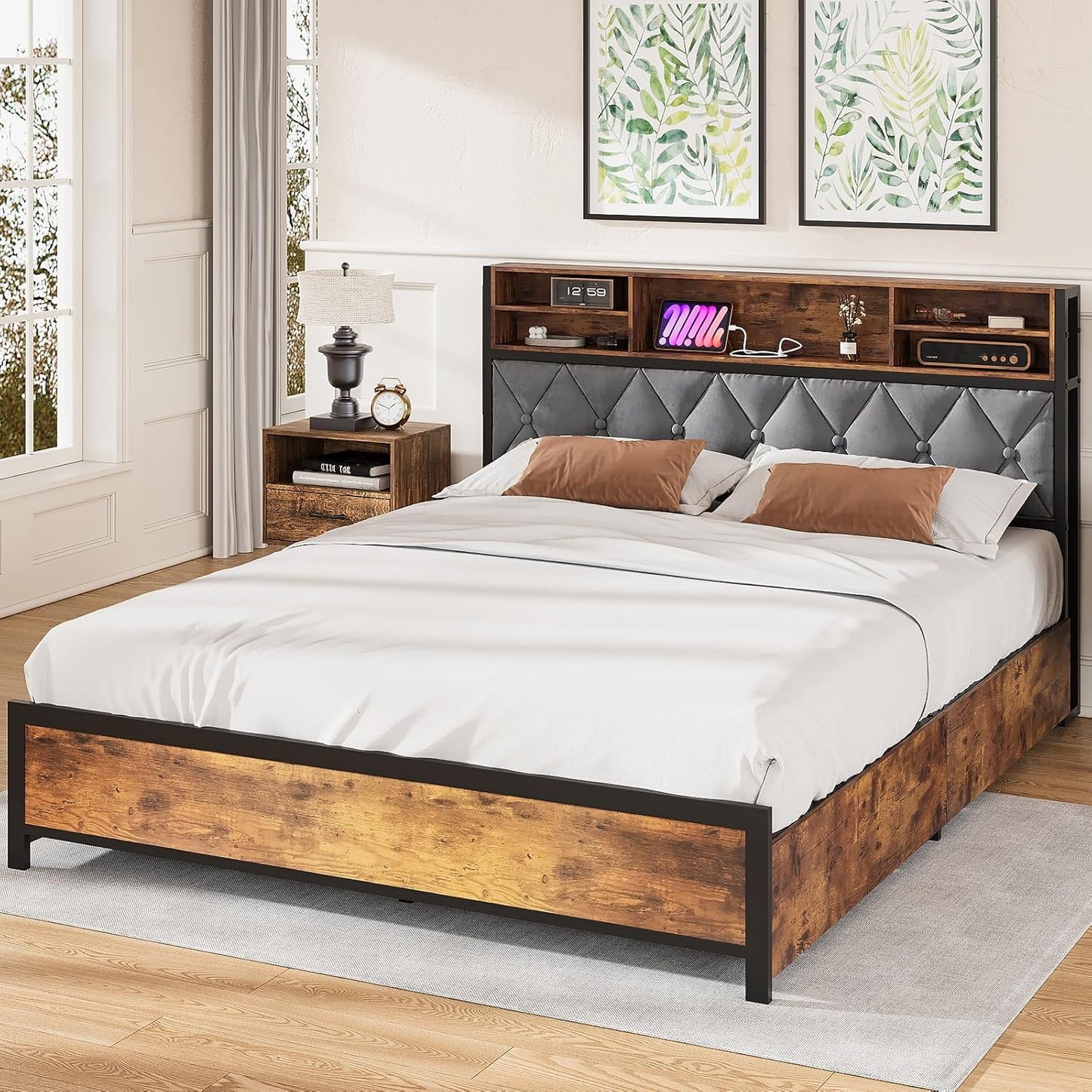 ADVWIN Queen Size Bed Frame with 4 Storage Drawers, Tufted Storage Headboard with Charging Station and USB Port, Rustic Brown & Gray