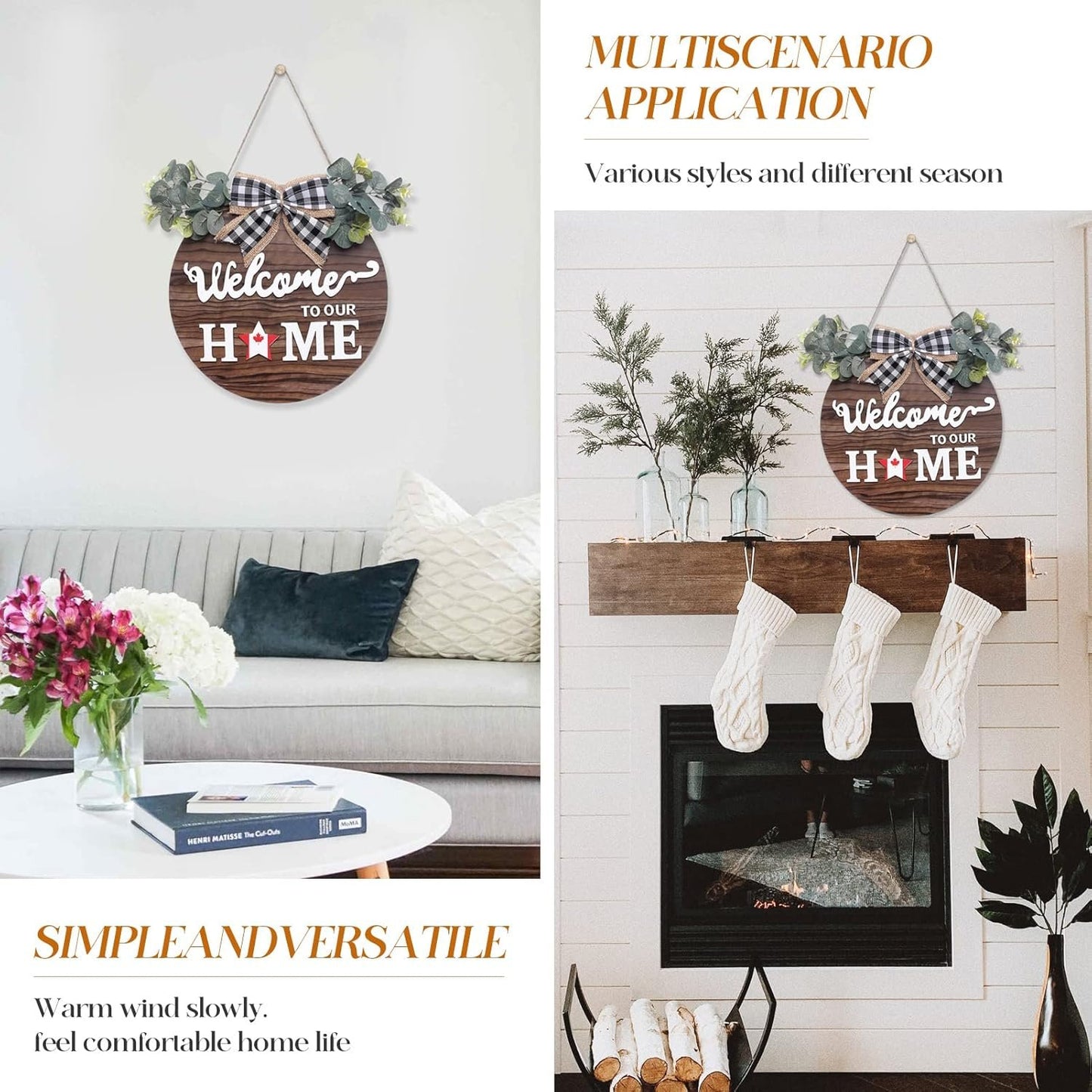 SWITTE 12 Interchangeable Seasonal Welcome Wreaths Sign Home Decor, Rustic Round Wood Wreaths Wall Hanging Outdoor, Porch, for Spring Summer Fall All Seasons Holiday Christmas Decoration (Brown)