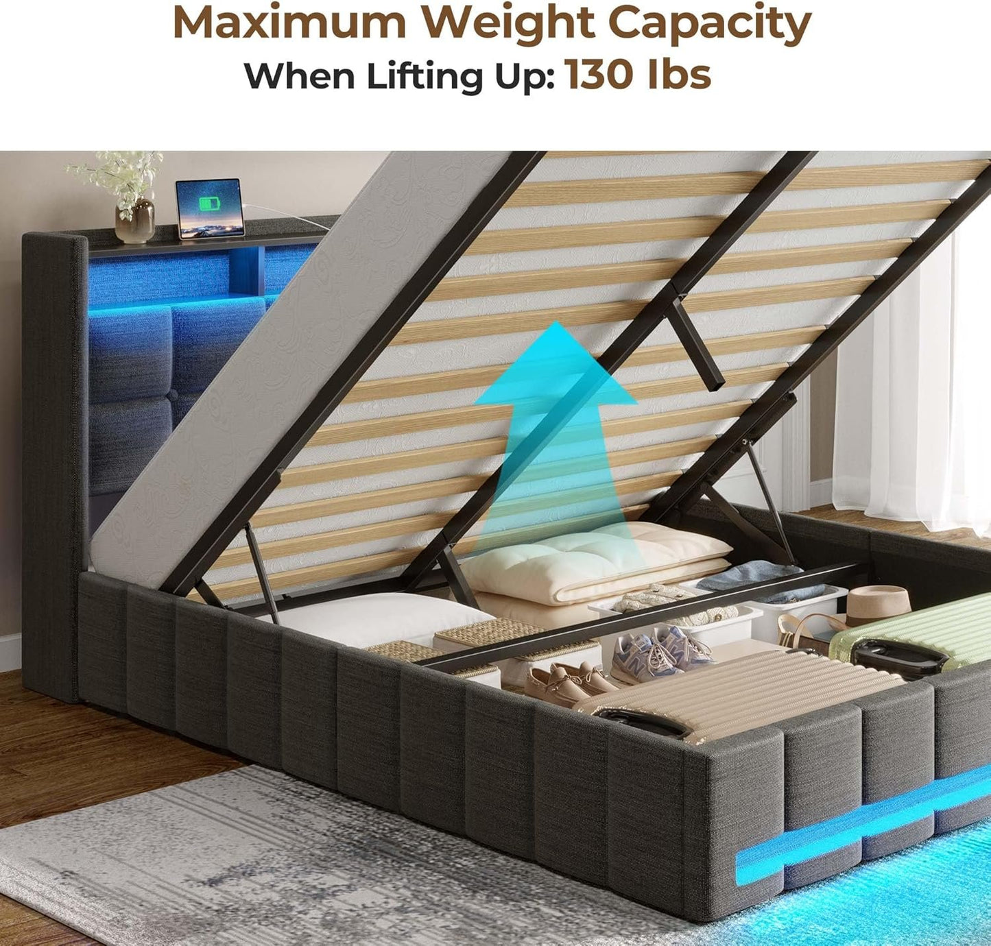 Rolanstar Queen Size Bed Frame with Lift Up Storage, Charging Station & LED Lights, Upholstered Bed with Heavy Duty Wooden Slats, No Box Spring Needed, Noise Free, Easy Assembly, Dark Grey