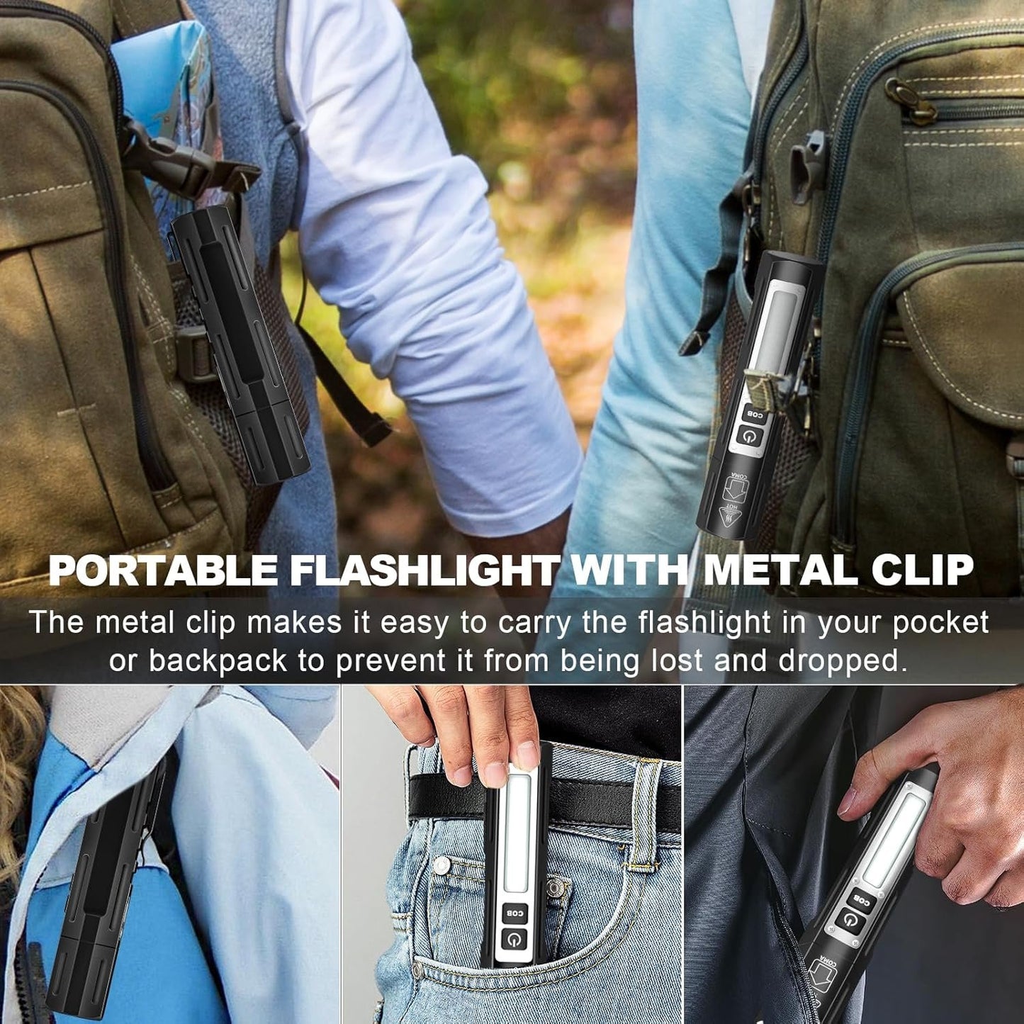 LED Rechargeable Magnetic Flashlights - Super Bright Long Beam Pocket Powerful Flashlight 8 Modes with COB Work Light, Dual Button Tactical Small Flashlight for Camping Emergency
