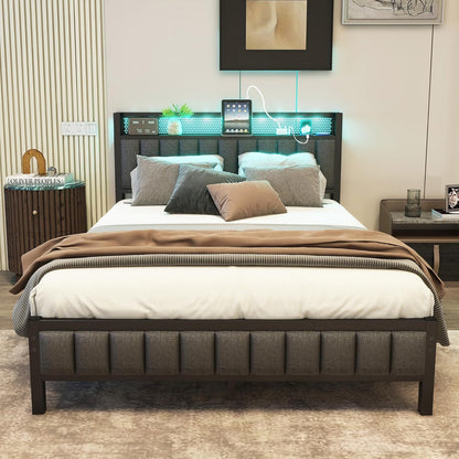 VERFARM Double Bed Frame with LED Lights Storage Headboard and USB Charging Station,Metal Upholstered Platform Bed Frame Double with Storage No Box Spring Needed,Strong Steel Slats,Noise Free,Grey