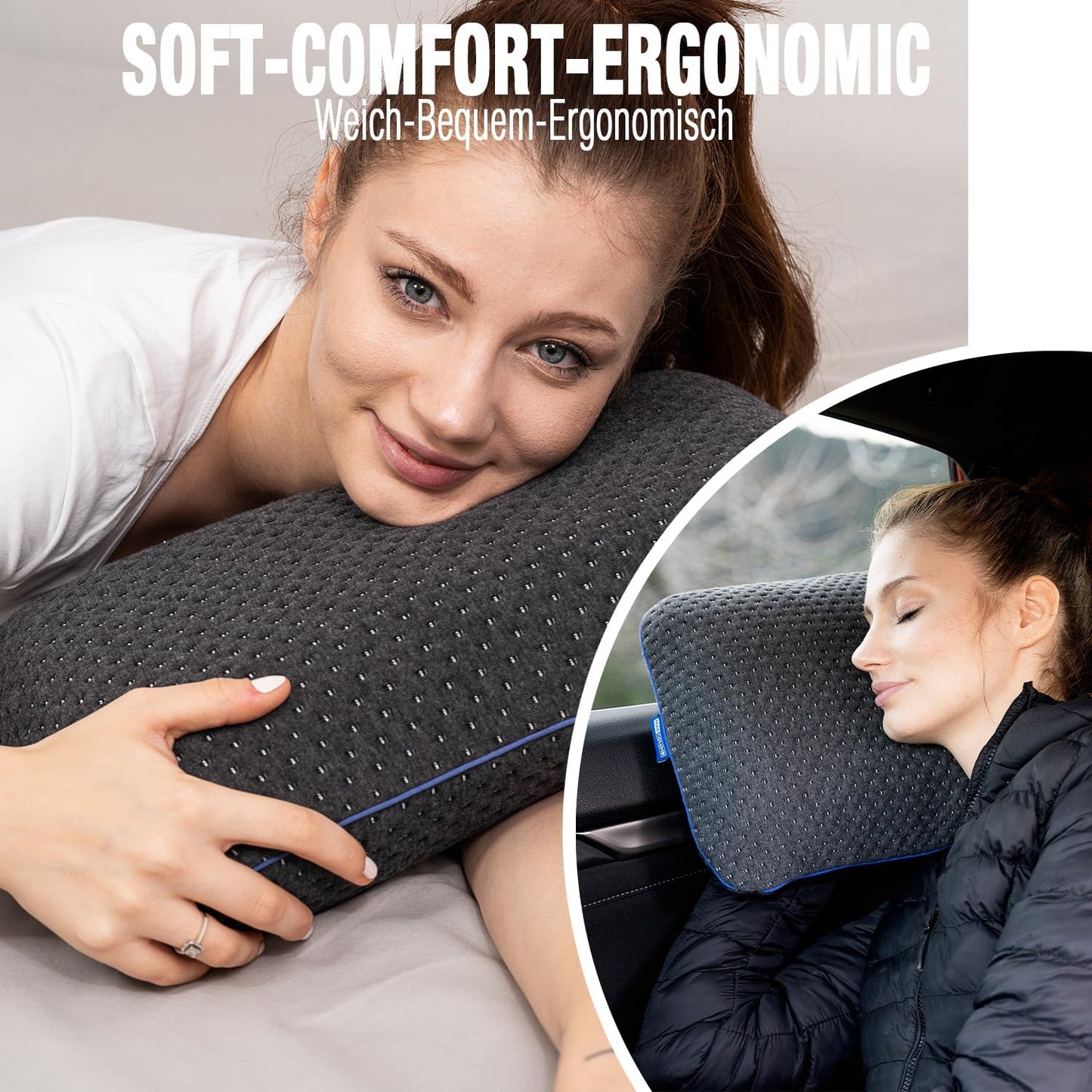 Marcolumb Travel Pillow - Ergonomic Camping Memory Foam Neck Support with Heat Regulating Cover - Waterproof Travel Bag Included (Black)
