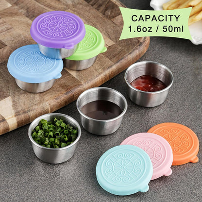 Gnicaela 6-Pack Salad Dressing Food Storage Containers with Leakproof Silicone Lids, 50ml Stainless Steel Condiment & Dipping Sauce Cups Ideal for Lunch Bento Boxes