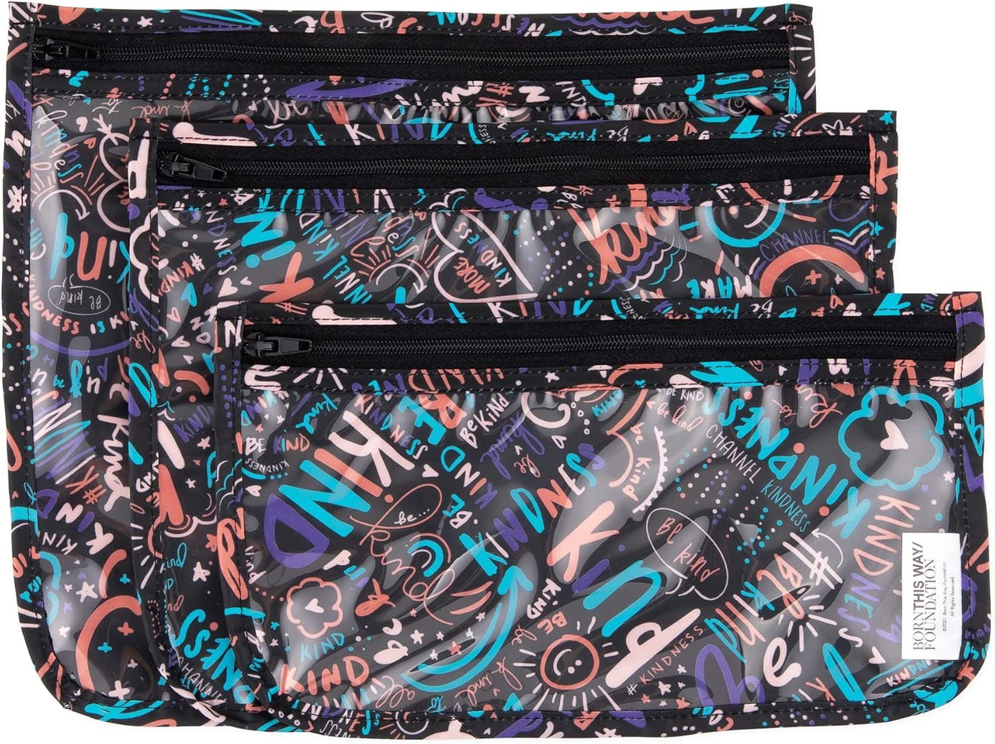 Bumkins Travel Bag, Toiletry, TSA Approved Pouch, Zip Bag, Quart Size Airline Compliant, Clear-Sided, Baby, Diaper Bag Organization, Accessories, Packing, Set of 3 Sizes, Born This Way Kindness